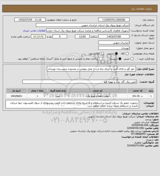 استعلام حفر گود و کانال کنی و اجرای چاه ارت از محل عوارض در محدوده شهرستان نهبندان