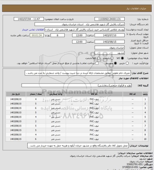 استعلام متریال خام تفلونی مطابق مشخصات ارائه شده در دیتا شیت پیوست / واحد شمارش به عدد می باشد .