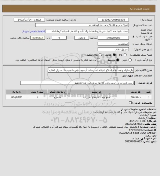 استعلام بازسازی و توسعه و اصلاح شبکه تاسیسات آب روستایی شهرستان سرپل ذهاب