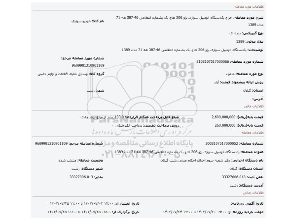 مزایده، یکدستگاه اتومبیل سواری پژو 206 هاچ بک بشماره انتظامی 46-387 هه 71 مدل 1389