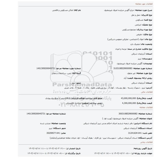 مزایده، آگهـی مـزایده امـوال غیرمنقـول