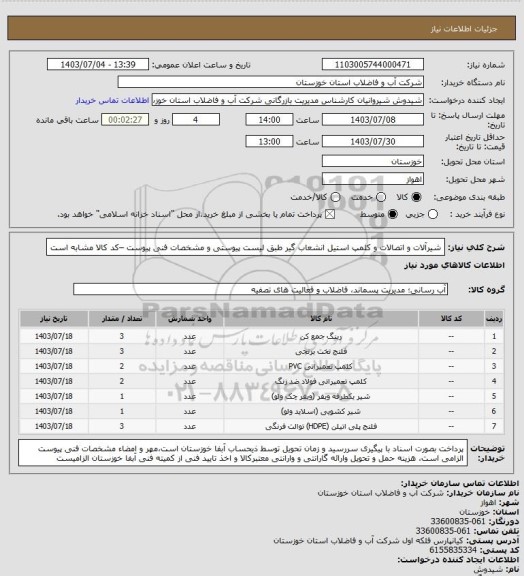 استعلام شیرآلات و اتصالات و کلمپ استیل انشعاب گیر  طبق لیست پیوستی و مشخصات فنی پیوست –کد کالا مشابه است