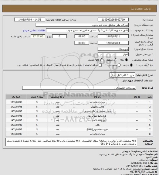 استعلام خرید 8 قلم کابل تبدیل