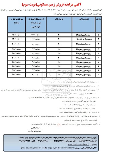 مزایده فروش تعداد 10 پلاک از زمین های متعلق به شهرداری با کاربری مسکونی- نوبت سوم