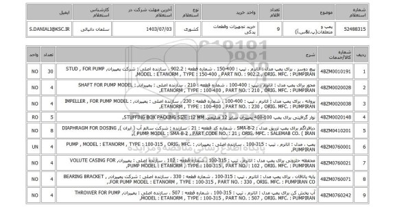 استعلام پمپ و متعلقات(پ.ا&س.آ)