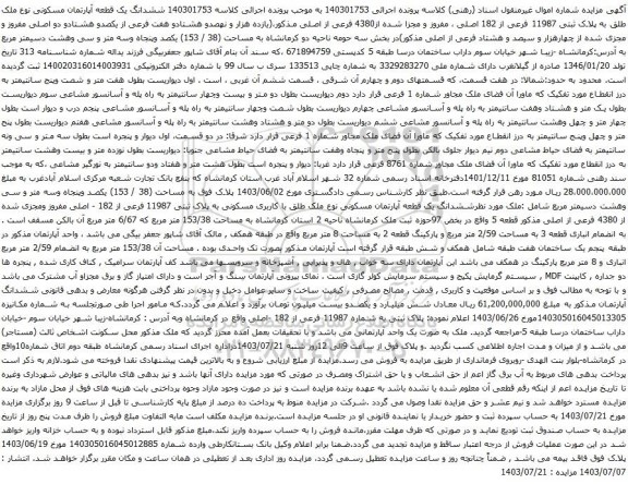 مزایده ششدانگ یک قطعه آپارتمان مسکونی نوع ملک طلق به پلاک ثبتی 11987 فرعی از 182 اصلی 