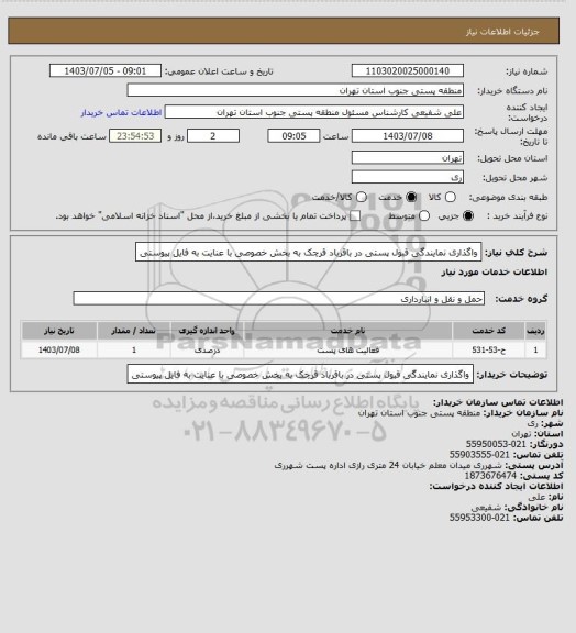 استعلام واگذاری نمایندگی قبول پستی در باقرباد قرچک به بخش خصوصی با عنایت به فایل پیوستی