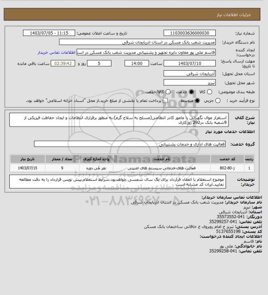 استعلام استقرار عوال نگهبانی یا مامور کادر انتظامی(مسلح به سلاح گرم)،به منظور برقراری انتظامات و ایجاد حفاظت فیزیکی از 9شعبه بانک در292 روزکاری