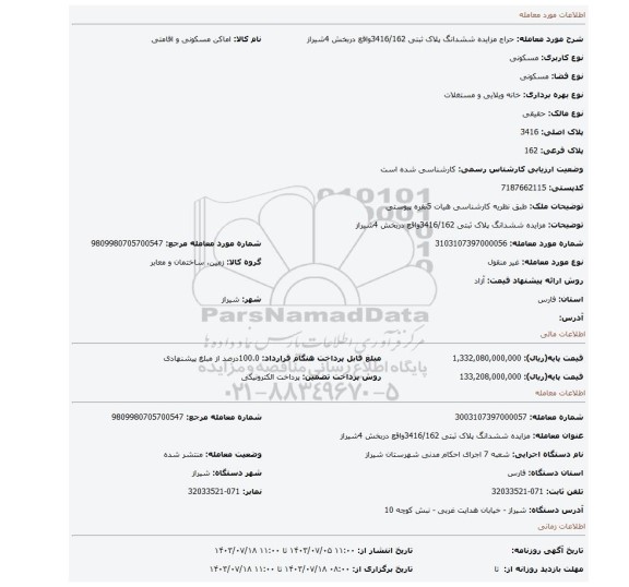 مزایده، مزایده ششدانگ پلاک ثبتی 3416/162واقع دربخش 4شیراز