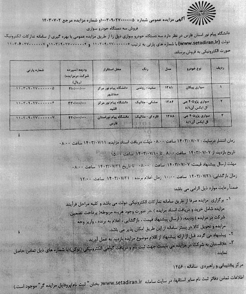 مزایده فروش سه دستگاه خودرو سواری