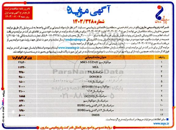 مزایده فروش مواد شیمیایی برگشتی واحدها...