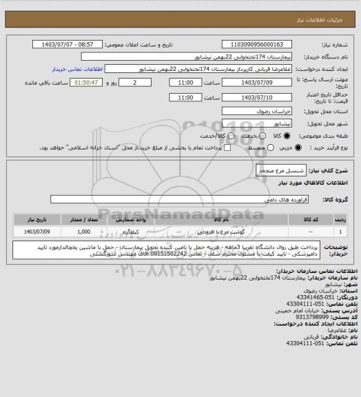 استعلام شنسل مرغ منجمد