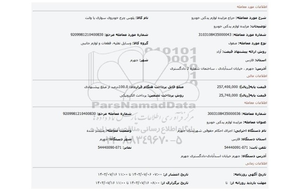 مزایده، مزایده لوازم یدکی خودرو