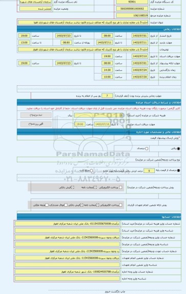 مزایده ، اجاره 5 باب مغازه تجاری با هر نوع کاربری که مخالف شرع و قانون نباشد سازمان آرامستان های شهرداری اهوا