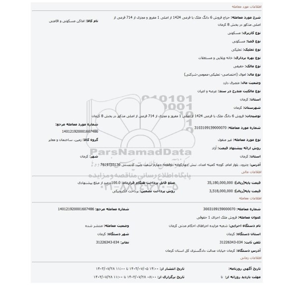 مزایده، فروش 6 دانگ ملک با فرعی 1424 از اصلی 1 مفروز و مجزی از 714 فرعی از اصلی مذکور در بخش 8 کرمان