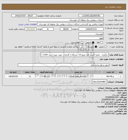 استعلام بارگیری ، تخلیه ترانس فوق توزیع 15 دستگاه ( اقدامات جهت عبور از پیک 1404 )