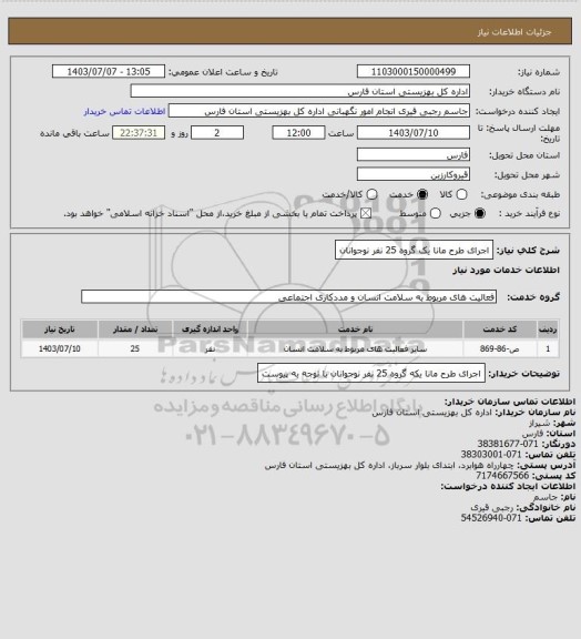 استعلام اجرای طرح مانا یک گروه 25 نفر نوجوانان