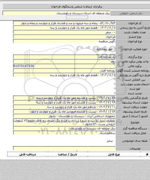 مناقصه, عملیات  سند بلاست  و شوره برداری با فرز و رنگ آمیزی برج های خطوط  ۶۳ کیلوولت خروجی پست ۲۳۰ چابهار –