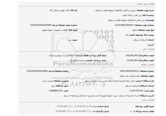 مزایده، پس قابل و کانالهای مربوطه فلزی مستعمل