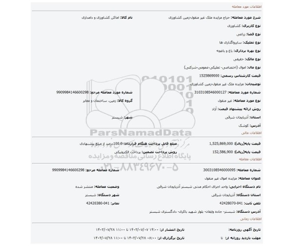 مزایده، مزایده ملک غیر منقول-زمین کشاورزی