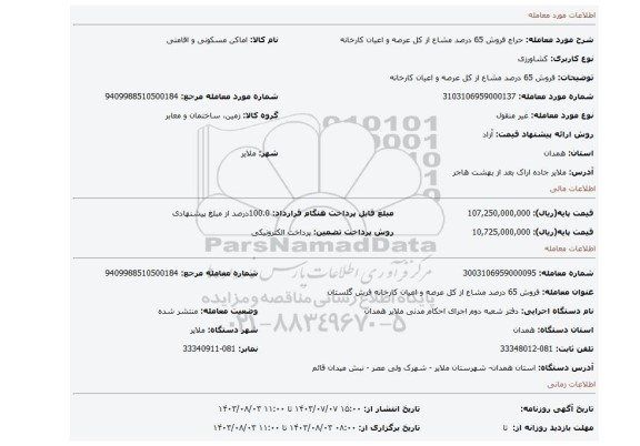 مزایده، فروش 65 درصد مشاع از کل عرصه و اعیان کارخانه