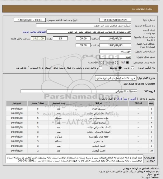 استعلام خرید 27 قلم قطعات یدکی ابزار دقیق