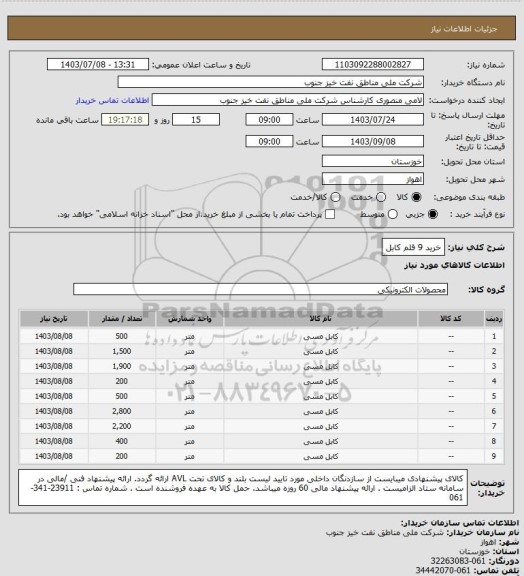 استعلام خرید 9 قلم کابل