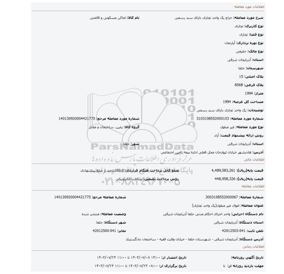 مزایده، یک واحد تجاری دارای سند رسمی