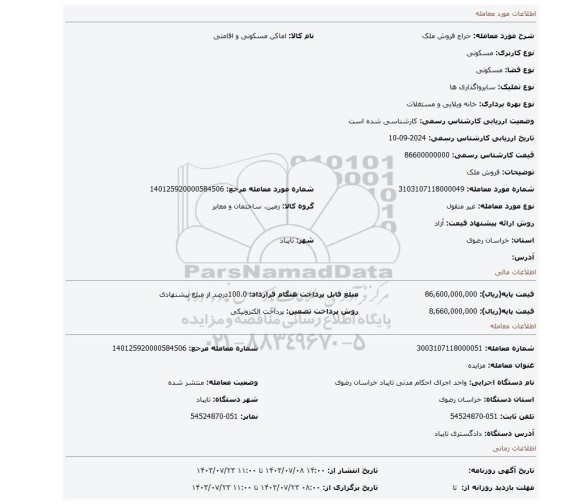 مزایده، فروش ملک