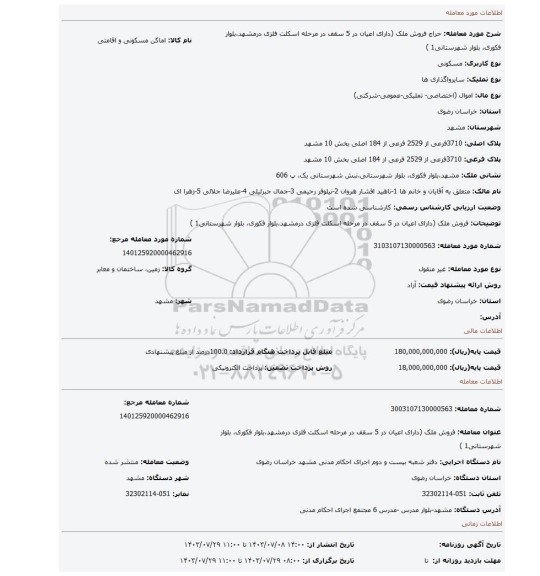 مزایده، فروش ملک (دارای اعیان در 5 سقف در مرحله اسکلت فلزی درمشهد،بلوار فکوری، بلوار شهرستانی1 )