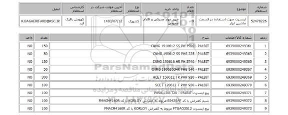 استعلام اینسرت جهت استفاده در قسمت ماشین ابزار