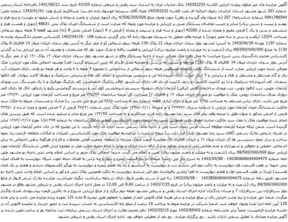 مزایده ششدانگ اعیان پلاک ثبتی 48631 (چهل و هشت هزار و ششصد و سی و یک ) فرعی مفروز و مجزی شده 