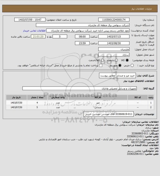 استعلام خرید میز و صندلی مطابق پیوست