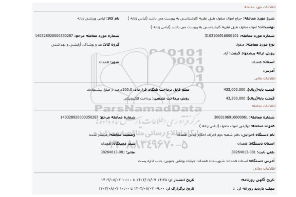 مزایده، اموال منقول طبق نظریه کارشناسی به پیوست می باشد (لباس زنانه )