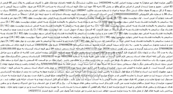 مزایده ششدانگ یک قطعه دامداری نوع ملک طلق با کاربری مسکونی به پلاک ثبتی 68 فرعی از 83 اصلی 