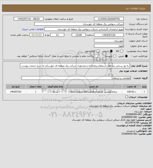 استعلام به روز رسانی نرم افزار استعلام پیمانکاران و مشاوران شرکت برق منطقه ای خوزستان  به شرح خدمات پیوست