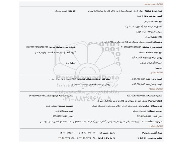 مزایده، فروش خودروی سواری پژو 206 هاچ بک مدل1398 تیپ 2