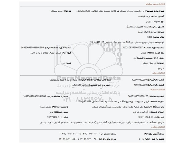 مزایده، فروش خودروی سواری پژو 206به شماره پلاک انتظامی 28د972ایران15