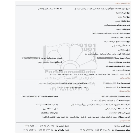 مزایده، آگهـی مـزایده امـوال غیرمنقـول (سرقفلی) نوبت اول