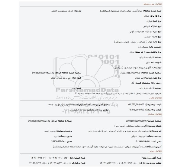 مزایده، آگهـی مـزایده امـوال غیرمنقـول (سرقفلی)