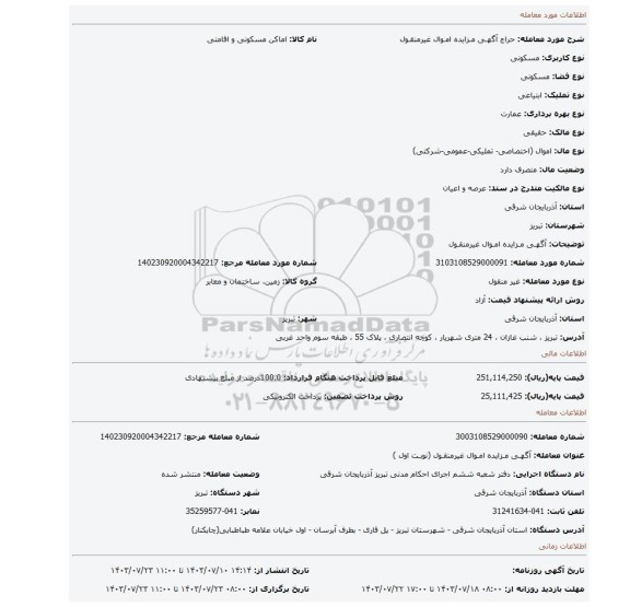 مزایده، آگهـی مـزایده امـوال غیرمنقـول