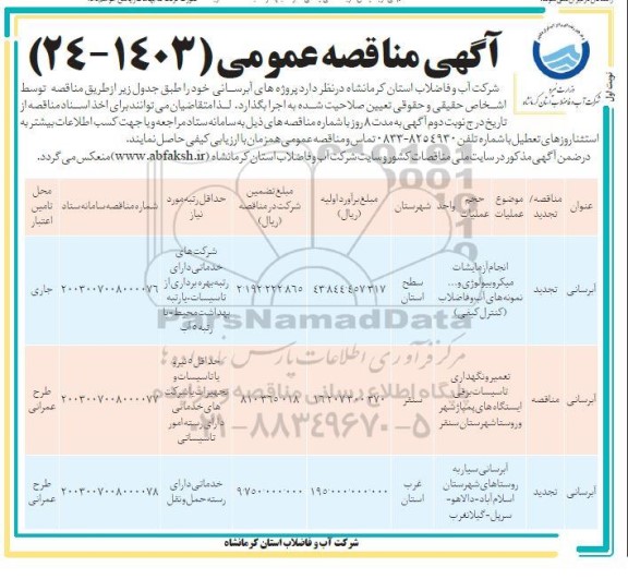 تجدید مناقصه انجام آزمایشات میکروبیولوژی و ...