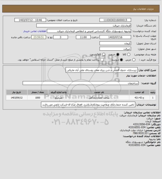 استعلام زیرسازی، جدول کشی و شن ریزی معابر روستای علی آباد ماریکی