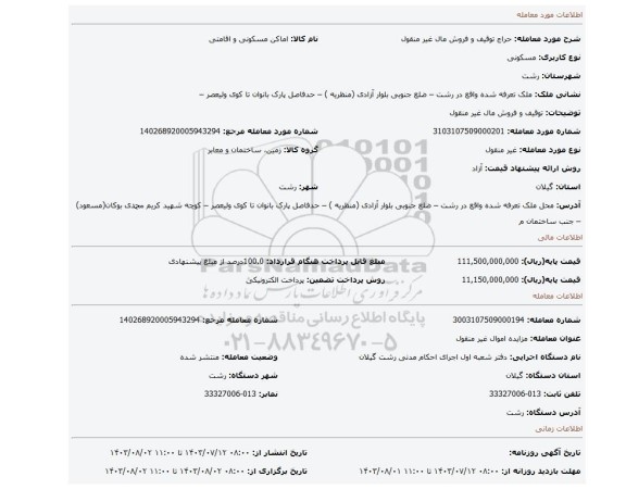 مزایده، توقیف و فروش مال غیر منقول