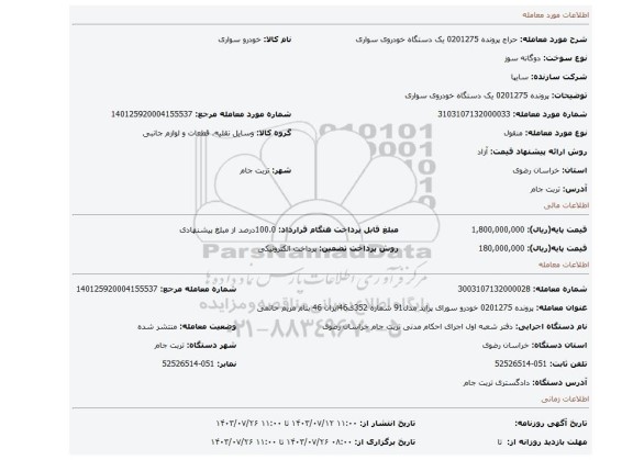 مزایده، پرونده 0201275 یک دستگاه خودروی سواری