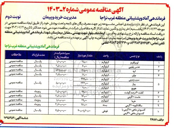 مناقصه خرید لوبیا قرمز، عدس پلویی ....  نوبت دوم