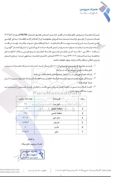 مزایده فروش مجموعه ای از اقلام راکد قطعات یدکی گوشی تلفن همراه