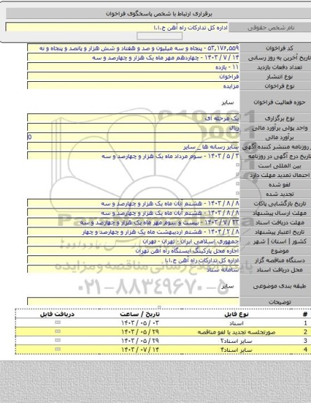 مزایده, اجاره محل پارکینگ ایستگاه راه آهن تهران