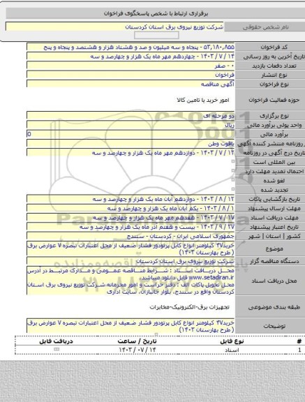 مناقصه, خرید۴۷ کیلومتر انواع کابل پرتودور فشار ضعیف از محل اعتبارات تبصره ۷ عوارض برق ( طرح بهارستان ۱۴۰۳)