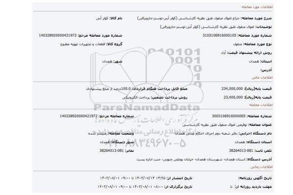 مزایده، اموال منقول طبق نظریه کارشناسی (کولر آبی-توستر-جاروبرقی)